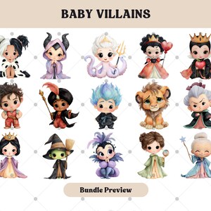May include: Watercolor illustrations of baby villains, including Cruella, Maleficent, Ursula, and the Evil Queen. Each character is depicted in a cute, chibi style with vibrant colors and detailed outfits. The text "BABY VILLAINS" is at the top.