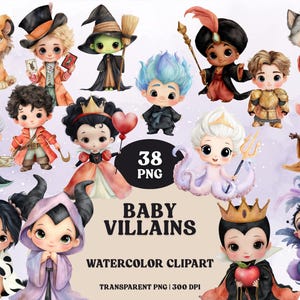 Watercolor baby villains clipart set of 38 PNGs featuring cute fairytale baddies — dark queens, sea sorceress, pirate captain, witch, wolf cub, and props.