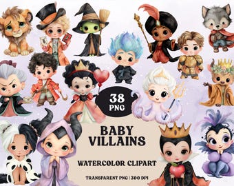 Clipart de acuarela de villanos bebés: villanos de cuentos de hadas, reina oscura, hechicera marina, capitán pirata, lobo, bruja