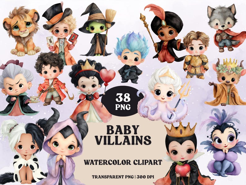 Watercolor baby villains clipart set of 38 PNGs featuring cute fairytale baddies — dark queens, sea sorceress, pirate captain, witch, wolf cub, and props.