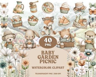 Baby Garden Picnic Clipart Bundle: Watercolor Animals, Springtime Delights (PNG Files)
