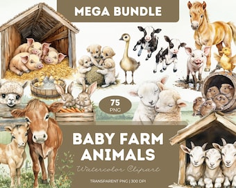 Watercolor Baby Farm Animals Clipart: Barnyard PNG Bundle (Digital Download)
