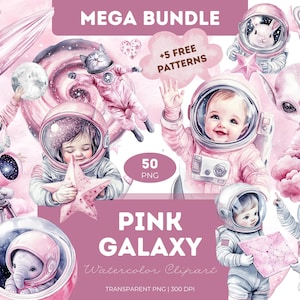 Pink Galaxy clipart bundel aquarel PNG ruimte sterren manen hemelse planeten meisje sublimatie esthetische plakboek ambachten tijdschriften
