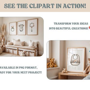 May include: Digital clipart set featuring watercolor illustrations of baby items including a teddy bear, onesie, rattle, and bib. The text reads: SEE THE CLIPART IN ACTION! TRANSFORM YOUR IDEAS INTO BEAUTIFUL CREATIONS! AVAILABLE IN PNG FORMAT, READY FOR YOUR NEXT PROJECT!