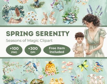 Watercolor Spring Clipart: Floral, Animals, Rainbows (PNG Digital Download)