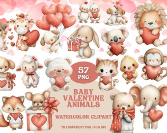 Valentine Animals Watercolor Clipart | Baby Animals, Hearts (57 PNG Files)