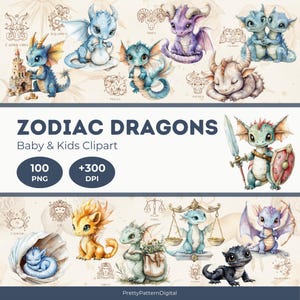 Pacote de clipart de dragões do zodíaco PNG, signos de dragão bebê, aquarela, astrologia, horóscopo, fantasia, criaturas fofas, elementos mágicos celestiais