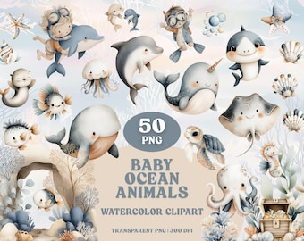 Watercolor Baby Ocean Animals Clipart Bundle: Nursery Art PNG