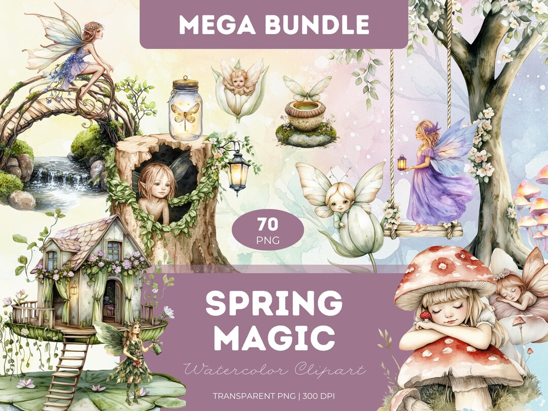 Watercolor Spring Fairy Clipart: Enchanted Garden PNG Bundle (digital ...