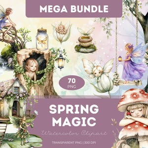 Paquete de imágenes prediseñadas de magia de primavera, estilo acuarela PNG, hadas, jardín, flores, niña, hongo, varita, naturaleza, capricho, pastel suave, arte primaveral