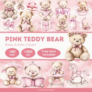 Pacote de clipart de urso de pelúcia rosa aquarela PNG brinquedos fofos para berçário de menina corações balões arco animal de pelúcia rosa pastel
