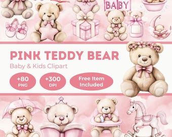 Pink Teddy Bear Watercolor Clipart: Baby Shower Designs (Digital Download)