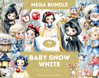 Snow White Watercolor Clipart: Princess, Dwarfs, Prince (PNG Digital Download)