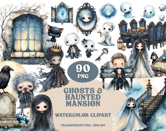 Watercolor Haunted Mansion Clipart Bundle: Spooky Halloween PNG Graphics