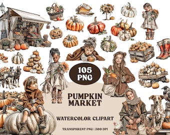 Watercolor Pumpkin Market Clipart Bundle: Fall Harvest PNG (105 Elements)