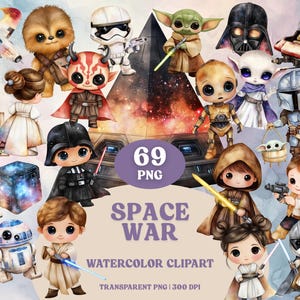 Space War clipartbundel PNG Star Wars geïnspireerde aquarel karakters Galaxy schepen sublimatie ambachten dagboek stickers Sci-Fi