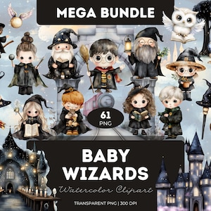 Bundle de cliparts sorcier bébé aquarelle PNG Baguette magique inspirée de Harry Potter livre de sorts hibou sorcier chapeau sublimation bébé garçon fille