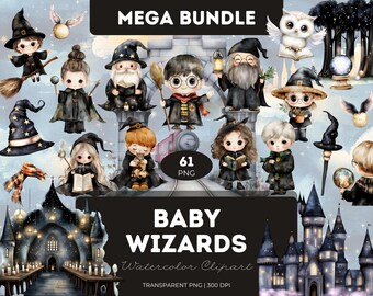 Watercolor Baby Wizards Clipart Bundle: Magic Wands, Owls (PNG Files, 300 DPI)