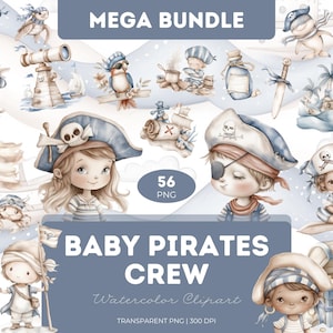 Baby Pirates Clipart PNG Bundle Aquarell Piraten Crew Schiff Schatzkarte Junge Mädchen Baby Sea Adventure Sublimation Kunsthandwerk