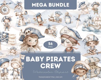 Watercolor Baby Pirates Clipart Bundle: Pirate Ship, Treasure Map (PNG, 300 DPI