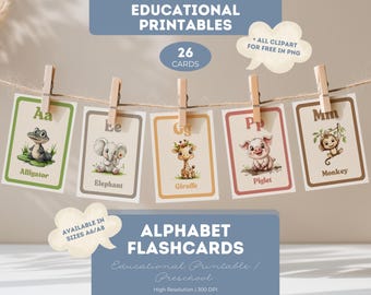Watercolor Animal Alphabet Flashcards: Preschool Learning (Digital Download)