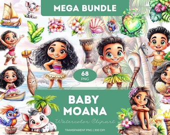 Baby Moana Watercolor Clipart: Tropical Island PNG Bundle (Digital Download)