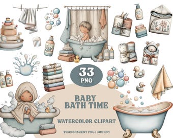 May include: Watercolor clipart set featuring baby bath time elements. Includes illustrations of bathtubs, towels, soap bottles, rubber ducks, and a baby wrapped in a towel. The text "Baby Bath Time" and "33 PNG" are also included.