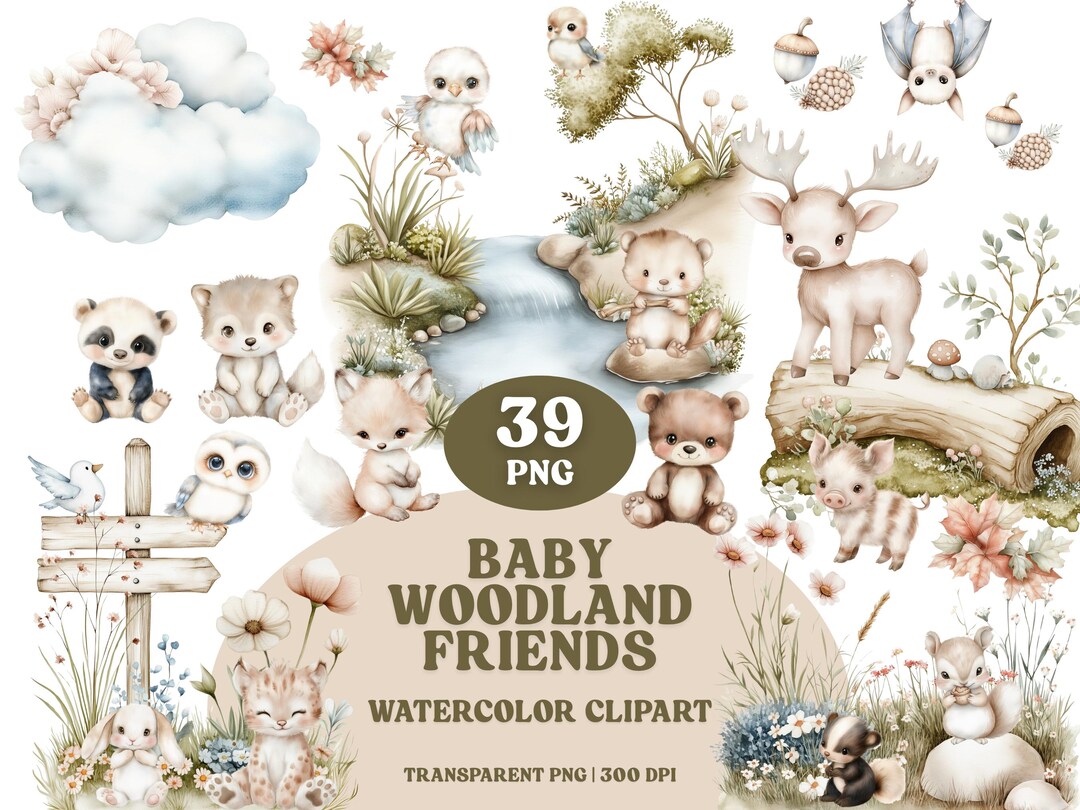 Watercolor Woodland Animals Clipart: Baby Shower Nursery Decor (PNG ...