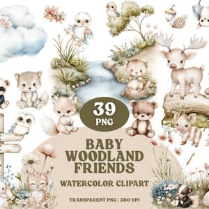 Baby Woodland Animals Clipart Bundle Watercolor PNG Cute Forest Animals Nature Props Pastel Woodland Nursery Baby Shower Boho Forest Animals