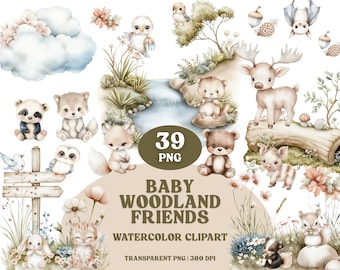 Watercolor Woodland Animals Clipart: Baby Shower Nursery Decor (PNG Files)
