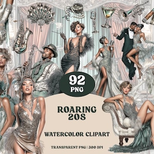 Roaring 20s Clipart Bundle: Watercolor Flapper Girls, Jazz Instruments (92 PNG Files) (Digital Download)