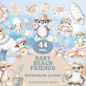 Strand Baby-Tiere Clipart Bundle Pastell Baby-Tiere PNG Ozean Neutral Kindergarten Kunst niedlichen Meer Leben Digital Download Küsten Baby Dekor