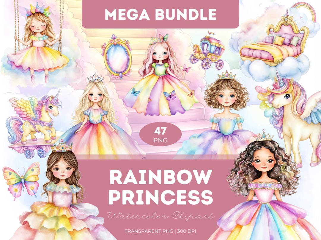 Rainbow Princess Clipart Bundle: Watercolor Unicorns, Castles (PNG) - Etsy