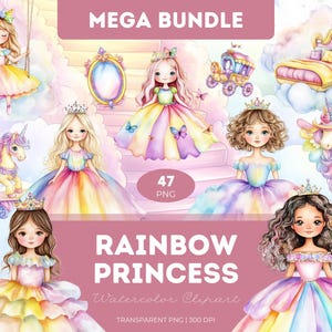 Rainbow Princess Clipart Bundle Watercolor PNG Pastel Princess Girls Dresses Crowns Fairy Tale Nursery Art Sublimation Stickers