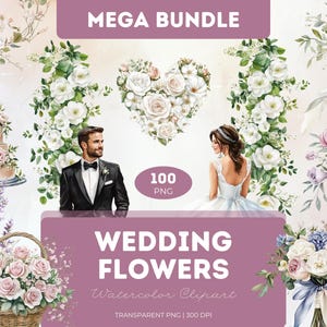 Hochzeit Blumen Clipart Bundle Aquarell PNG Blumensträuße Pastell Rosen Pfingstrosen Arrangements Brautdekor Karten Sublimation Kunsthandwerk