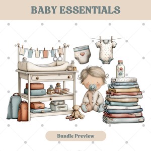 May include: Watercolor illustration of baby essentials. The image includes a changing table, diapers, baby clothes, a baby bottle, a stack of folded blankets, and a baby with a pacifier. The text "Baby Essentials" is at the top.