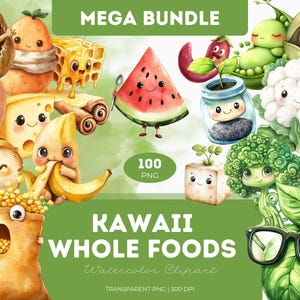 Ensemble de cliparts d'aliments entiers kawaii aquarelle PNG Fruits mignons légumes Pain au lait épicerie cuisine Stickers enfants Sublimation artisanat journaux