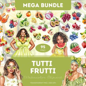 Tutti Frutti Clipart PNG Bundle Watercolor Fruit Citrus Strawberry Lemon Peach Summer Food Stickers Sublimation Printable