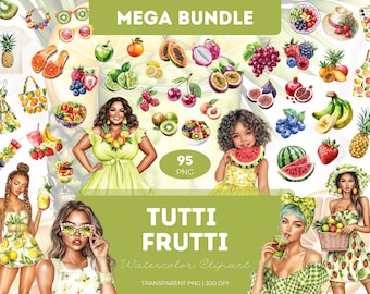 Tutti Frutti Clipart: Watercolor Fruit, Fashion Girls, Summer PNG (Digital Download)