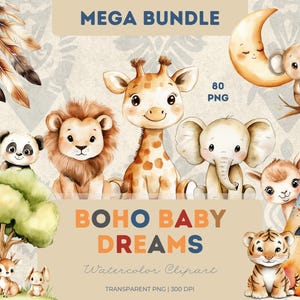 Boho Baby Dreams Clipart Bundle Aquarela PNG Berçário Arco-íris Lua Berço Nuvens Bebê Menina Menino Decoração Boho Fofo Pastel
