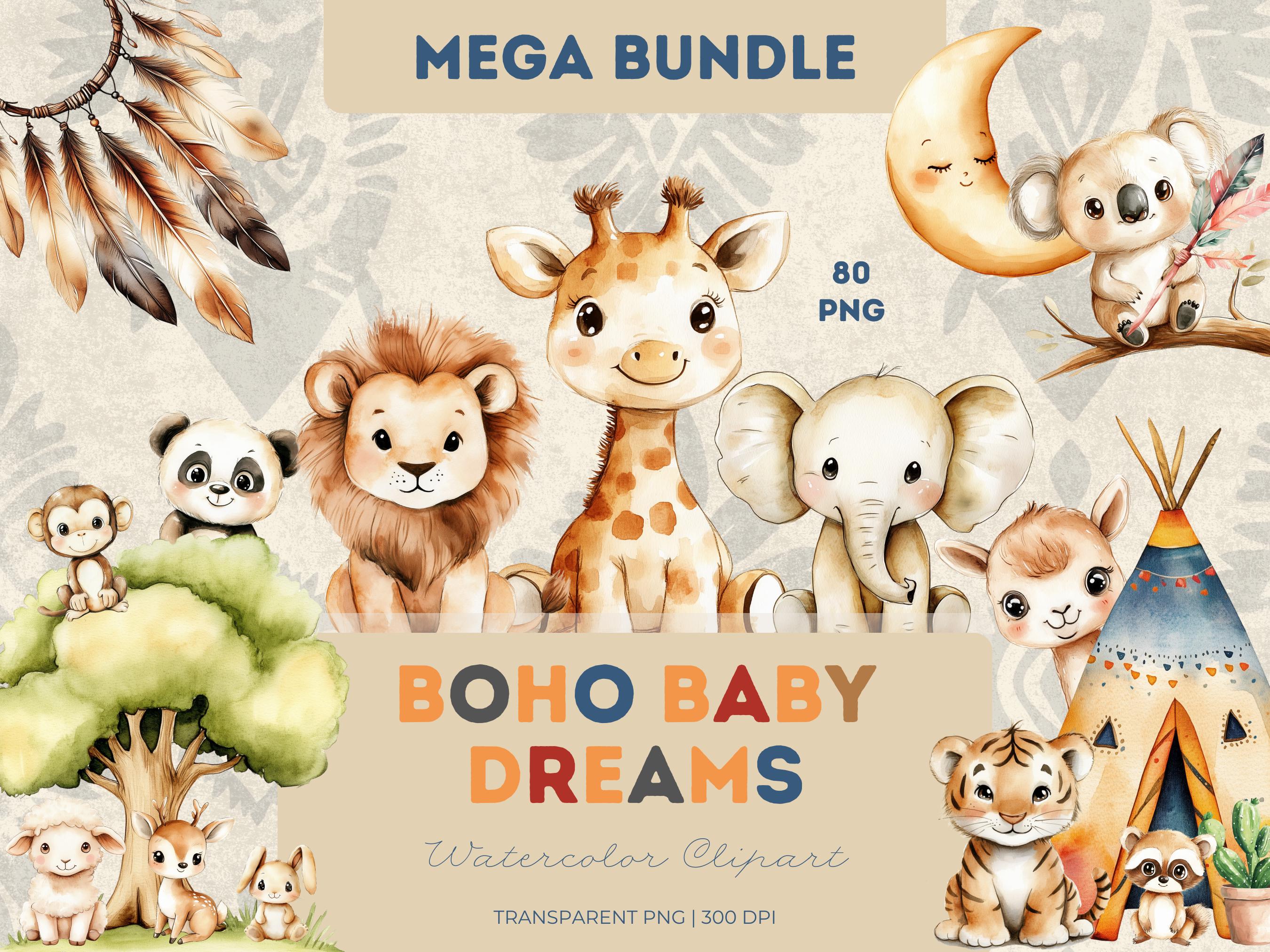 Boho Baby Animals Clipart: Watercolor Woodland Nursery Decor (PNG) - Etsy