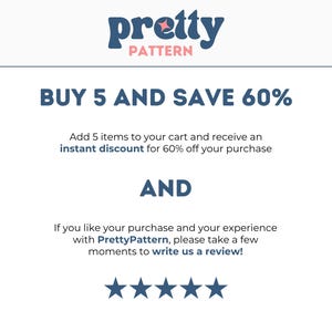 May include: White background with the text "pretty PATTERN" in blue. The text "BUY 5 AND SAVE 60%" is displayed in blue. The text encourages customers to add 5 items to their cart for a 60% discount. Five blue stars are at the bottom.