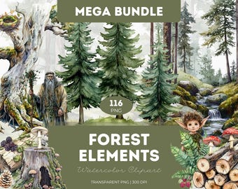 Watercolor Forest Clipart: Woodland Trees, Mushrooms, Characters (116 PNG)