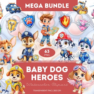Baby Hund Helden Clipart Bundle Aquarell Style PNG Niedliche Rettungs-Welpen Feuerwehrmann Polizeihund Geburtstags-Party-Kinderzimmer Printable