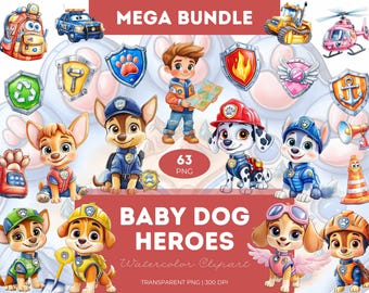 Baby Dog Heroes Clipart Bundle: Watercolor Rescue Puppies PNG (Digital Download)