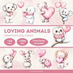 Paquete de imágenes prediseñadas de animales amorosos, acuarela PNG, lindas mascotas de San Valentín, gatos, perros, osos, conejos, pareja romántica, guardería, corazones