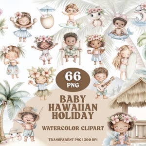 Pacchetto Clipart Hawaiano per Bambini, Vacanze Tropicali, PNG, Elementi Estivi per Isola e Spiaggia, Download Digitale, Luau, Arte per Bambini, Carino, Viaggio, Sublimazione