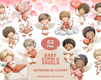 Baby Cupid and Angels Watercolor Clipart | Baptism, Bows and Arrows, Hearts, Balloons, Love