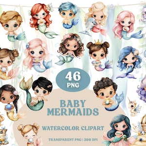Paquete de imágenes prediseñadas de sirena bebé, acuarela, océano PNG, criaturas marinas bebé, tesoros de playa, mágico submarino, descarga digital, lindo conjunto náutico