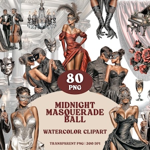May include: Watercolor clipart set titled "Midnight Masquerade Ball" featuring couples in formal attire, masks, and musical instruments. The image includes a chandelier, roses, and the text "80 PNG".